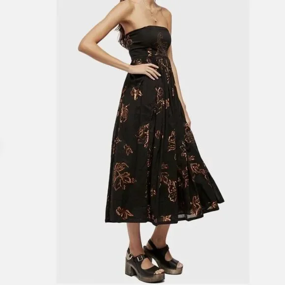 Free People Baja Babe Black Bronze Foil Halter Midi Dress Sz M - Picture 2 of 14